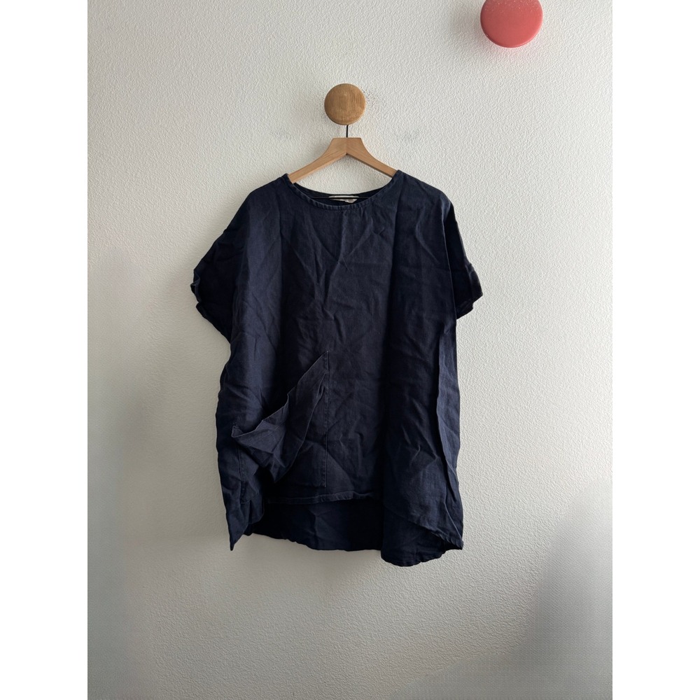 Elizabeth Suzann Navy 100% Linen Oversized Pocket Tunic Top One Size